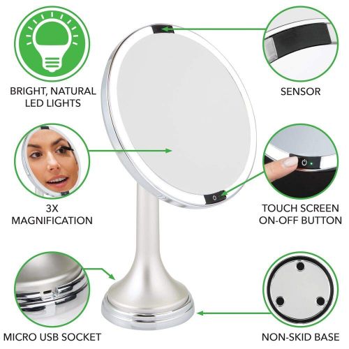  MDesign mDesign Modern Motion Sensor LED Lighted Makeup Bathroom Vanity Mirror, Large 8 Round, 3X Magnification, Hands-Free, Rechargeable and Cordless - BlackChrome