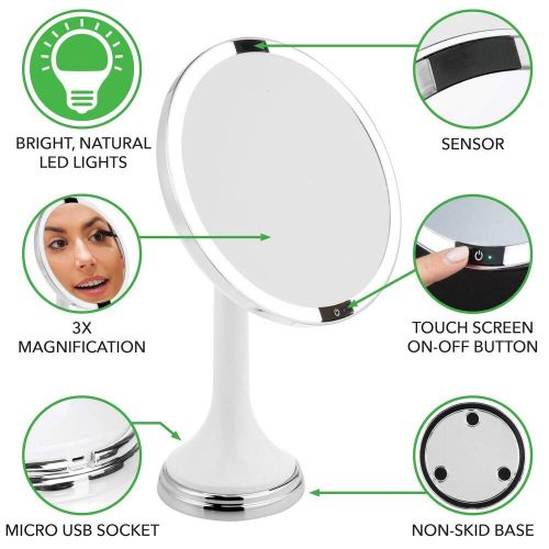  MDesign mDesign Modern Motion Sensor LED Lighted Makeup Bathroom Vanity Mirror, Large 8 Round, 3X Magnification, Hands-Free, Rechargeable and Cordless - BlackChrome