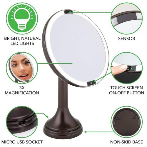  MDesign mDesign Modern Motion Sensor LED Lighted Makeup Bathroom Vanity Mirror, Large 8 Round, 3X Magnification, Hands-Free, Rechargeable and Cordless - BlackChrome