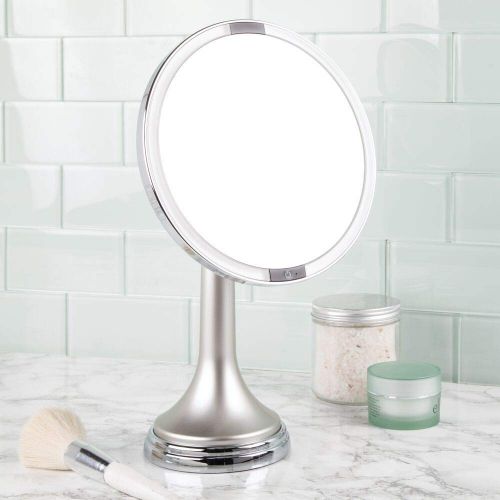  MDesign mDesign Modern Motion Sensor LED Lighted Makeup Bathroom Vanity Mirror, Large 8 Round, 3X Magnification, Hands-Free, Rechargeable and Cordless - Matte Satin/Chrome