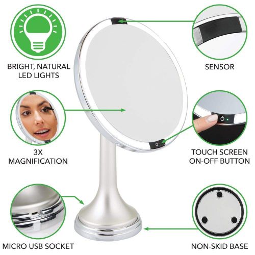  MDesign mDesign Modern Motion Sensor LED Lighted Makeup Bathroom Vanity Mirror, Large 8 Round, 3X Magnification, Hands-Free, Rechargeable and Cordless - White/Chrome