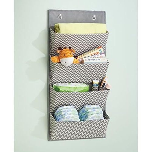  MDesign mDesign Soft Fabric Wall Mount/Over Door Hanging Storage Organizer - 4 Large Pockets for Child/Kids Room or Nursery, Hooks Included - Chevron Zig-Zag Print - Gray/Cream