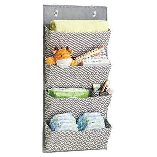  MDesign mDesign Soft Fabric Wall Mount/Over Door Hanging Storage Organizer - 4 Large Pockets for Child/Kids Room or Nursery, Hooks Included - Chevron Zig-Zag Print - Gray/Cream