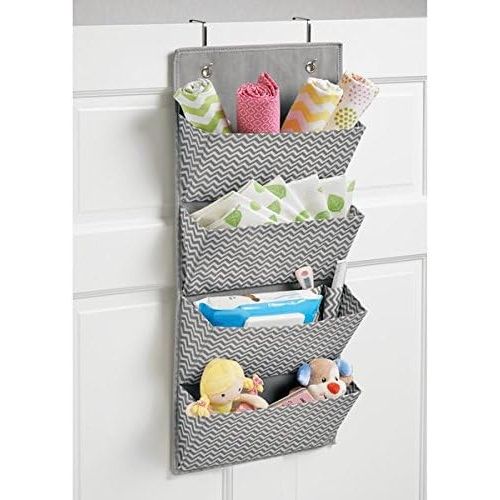  MDesign mDesign Soft Fabric Wall Mount/Over Door Hanging Storage Organizer - 4 Large Pockets for Child/Kids Room or Nursery, Hooks Included - Chevron Zig-Zag Print - Gray/Cream