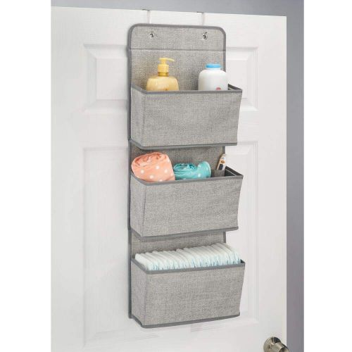  MDesign mDesign A58 Soft Fabric Over The Door Hanging Storage Organizer with 3 Large Pockets for Child/Kids Room or Nursery-Hooks Included, Textured Print, 2 Pack-Gray