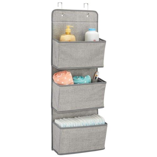  MDesign mDesign A58 Soft Fabric Over The Door Hanging Storage Organizer with 3 Large Pockets for Child/Kids Room or Nursery-Hooks Included, Textured Print, 2 Pack-Gray