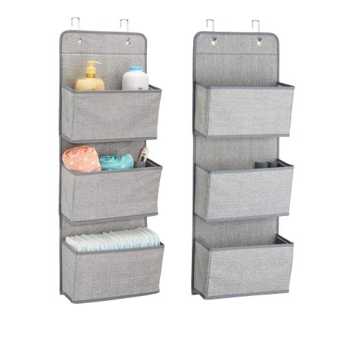  MDesign mDesign A58 Soft Fabric Over The Door Hanging Storage Organizer with 3 Large Pockets for Child/Kids Room or Nursery-Hooks Included, Textured Print, 2 Pack-Gray