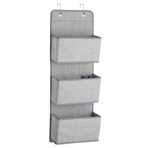  MDesign mDesign A58 Soft Fabric Over The Door Hanging Storage Organizer with 3 Large Pockets for Child/Kids Room or Nursery-Hooks Included, Textured Print, 2 Pack-Gray