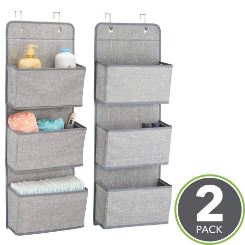  MDesign mDesign A58 Soft Fabric Over The Door Hanging Storage Organizer with 3 Large Pockets for Child/Kids Room or Nursery-Hooks Included, Textured Print, 2 Pack-Gray