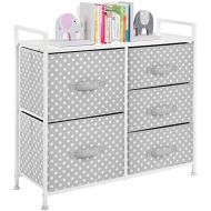mDesign Wide Dresser 5 Drawers Storage Furniture - Wood Top, Easy Pull Fabric Bins - Organizer for Child/Kids Room or Nursery - Polka Dot Pattern, 32.6 W - Gray with White Dots