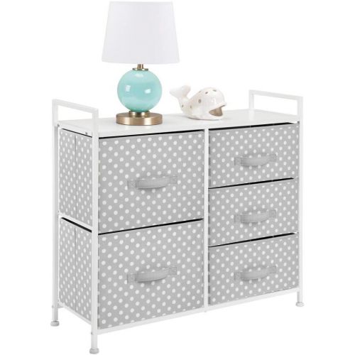  mDesign Wide Dresser 5 Drawers Storage Furniture - Wood Top, Easy Pull Fabric Bins - Organizer for Child/Kids Room or Nursery - Polka Dot Pattern, 32.6 W - Gray with White Dots