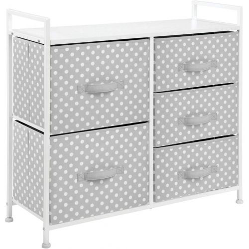  mDesign Wide Dresser 5 Drawers Storage Furniture - Wood Top, Easy Pull Fabric Bins - Organizer for Child/Kids Room or Nursery - Polka Dot Pattern, 32.6 W - Gray with White Dots