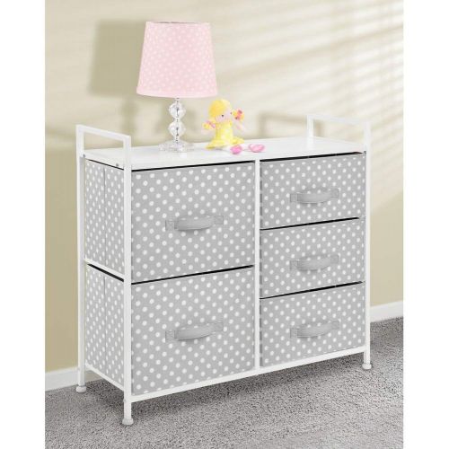  mDesign Wide Dresser 5 Drawers Storage Furniture - Wood Top, Easy Pull Fabric Bins - Organizer for Child/Kids Room or Nursery - Polka Dot Pattern, 32.6 W - Gray with White Dots