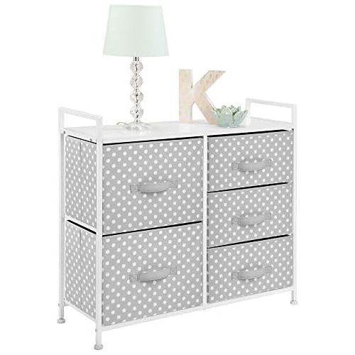  mDesign Wide Dresser 5 Drawers Storage Furniture - Wood Top, Easy Pull Fabric Bins - Organizer for Child/Kids Room or Nursery - Polka Dot Pattern, 32.6 W - Gray with White Dots