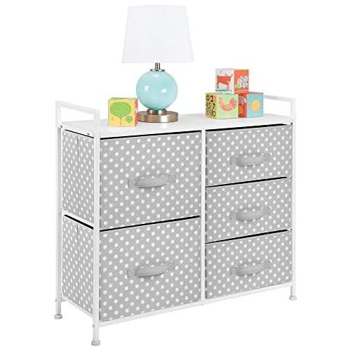  mDesign Wide Dresser 5 Drawers Storage Furniture - Wood Top, Easy Pull Fabric Bins - Organizer for Child/Kids Room or Nursery - Polka Dot Pattern, 32.6 W - Gray with White Dots