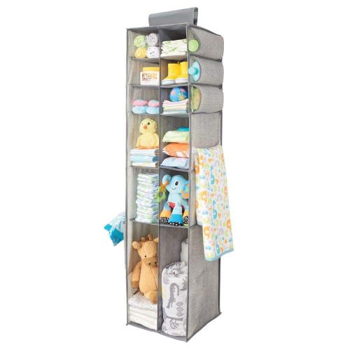  mDesign Long Soft Fabric Over Closet Rod Hanging Storage Organizer with 12 Divided Shelves, Side Pockets for Child/Kids Room or Nursery, Store Diapers, Wipes, Lotions, Toys - Gray