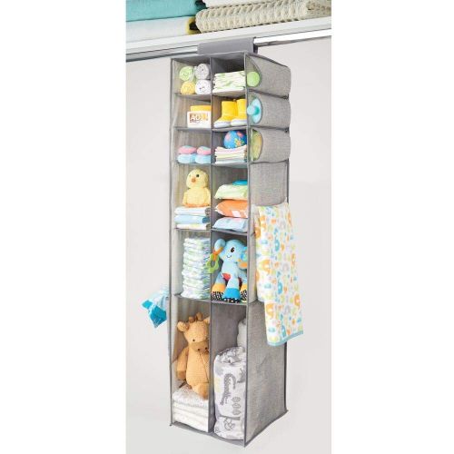  mDesign Long Soft Fabric Over Closet Rod Hanging Storage Organizer with 12 Divided Shelves, Side Pockets for Child/Kids Room or Nursery, Store Diapers, Wipes, Lotions, Toys - Gray