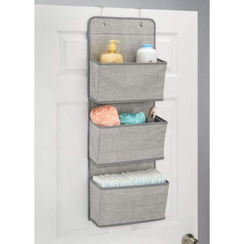  mDesign Soft Fabric Wall Mount/Over Door Hanging Storage Organizer - 3 Large Pockets for Child/Kids Room or Nursery, Hooks Included - Textured Print - Gray