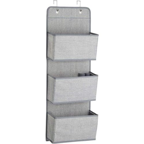  mDesign Soft Fabric Wall Mount/Over Door Hanging Storage Organizer - 3 Large Pockets for Child/Kids Room or Nursery, Hooks Included - Textured Print - Gray