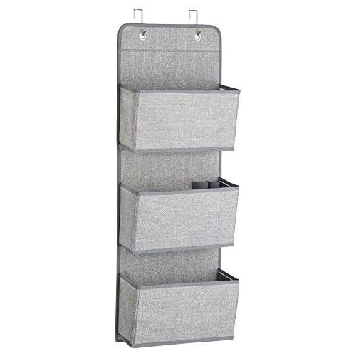  mDesign Soft Fabric Wall Mount/Over Door Hanging Storage Organizer - 3 Large Pockets for Child/Kids Room or Nursery, Hooks Included - Textured Print - Gray