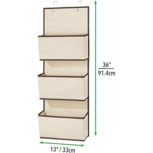  mDesign Soft Fabric Over The Door Hanging Storage Organizer with 3 Large Pockets for Closets in Bedrooms, Hallway, Entryway, Mudroom, Office - Hooks Included - 2 Pack - Cream/Espre