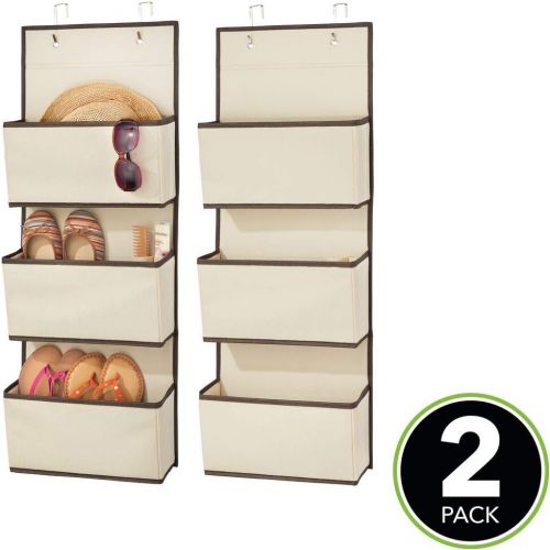  mDesign Soft Fabric Over The Door Hanging Storage Organizer with 3 Large Pockets for Closets in Bedrooms, Hallway, Entryway, Mudroom, Office - Hooks Included - 2 Pack - Cream/Espre