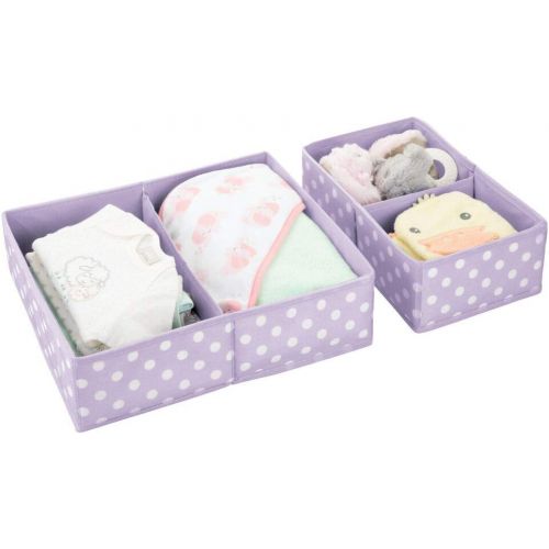  mDesign Soft Fabric Dresser Drawer and Closet Storage Organizer for Child/Kids Room, Nursery - Divided 2 Compartment Organizer - Fun Polka Dot Print, 4 Pack - Light Purple with Whi