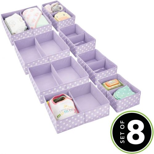  mDesign Soft Fabric Dresser Drawer and Closet Storage Organizer for Child/Kids Room, Nursery - Divided 2 Compartment Organizer - Fun Polka Dot Print, 4 Pack - Light Purple with Whi