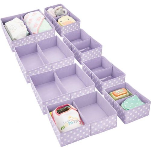  mDesign Soft Fabric Dresser Drawer and Closet Storage Organizer for Child/Kids Room, Nursery - Divided 2 Compartment Organizer - Fun Polka Dot Print, 4 Pack - Light Purple with Whi