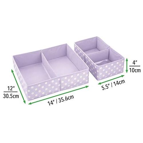  mDesign Soft Fabric Dresser Drawer and Closet Storage Organizer for Child/Kids Room, Nursery - Divided 2 Compartment Organizer - Fun Polka Dot Print, 4 Pack - Light Purple with Whi