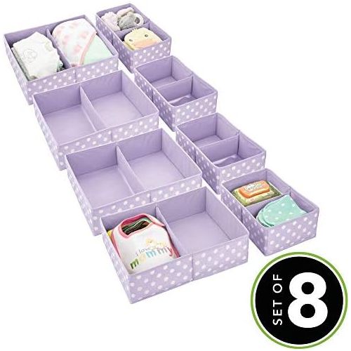  mDesign Soft Fabric Dresser Drawer and Closet Storage Organizer for Child/Kids Room, Nursery - Divided 2 Compartment Organizer - Fun Polka Dot Print, 4 Pack - Light Purple with Whi