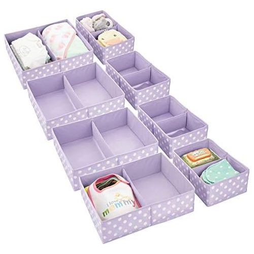  mDesign Soft Fabric Dresser Drawer and Closet Storage Organizer for Child/Kids Room, Nursery - Divided 2 Compartment Organizer - Fun Polka Dot Print, 4 Pack - Light Purple with Whi