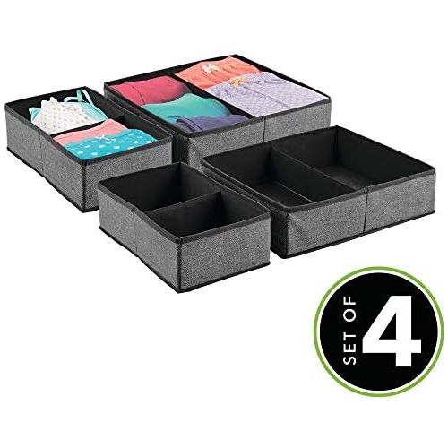  mDesign Rectangular Soft Fabric Dresser Drawer and Closet Storage Organizer Bin for Lingerie, Bras, Socks, Leggings, Clothes, Purses, Scarves, 2 Pack - Charcoal/Black