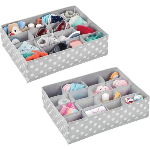  mDesign Soft Fabric Dresser Drawer and Closet Storage Organizer for Child/Kids Room and Nursery - Large 16 Section Organizer - Polka Dot Print, 2 Pack - Light Gray/White