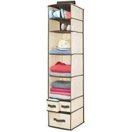 mDesign Soft Fabric Over Closet Rod Hanging Storage Organizer with 7 Shelves and 3 Removable Drawers for Clothes, Leggings, Lingerie, T Shirts - Cream/Espresso Brown