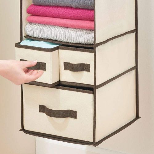  mDesign Soft Fabric Over Closet Rod Hanging Storage Organizer with 7 Shelves and 3 Removable Drawers for Clothes, Leggings, Lingerie, T Shirts - Cream/Espresso Brown