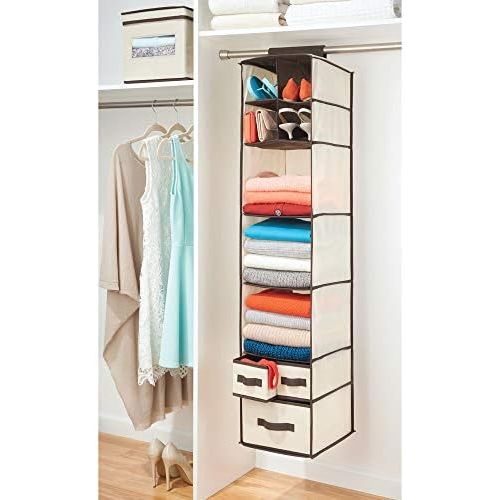  mDesign Soft Fabric Over Closet Rod Hanging Storage Organizer with 7 Shelves and 3 Removable Drawers for Clothes, Leggings, Lingerie, T Shirts - Cream/Espresso Brown