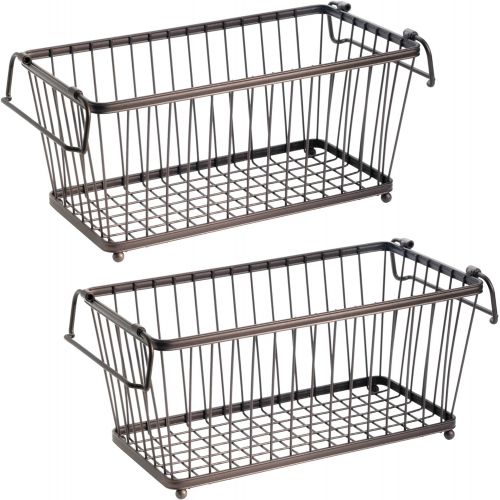 mDesign Household Stackable Metal Wire Storage Organizer Bin Basket with Built-In Handles for Kitchen Cabinets, Pantry, Closets, Bedrooms, Bathrooms - 12.5 Wide, 2 Pack - Bronze