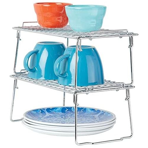  mDesign Metal Stackable Storage Shelf - 2 Tier Raised Food and Kitchen Organizer for Cabinets, Pantry Shelves, Countertops, Closet, 2 Pack - 7 x 12 x 5.4 - Chrome
