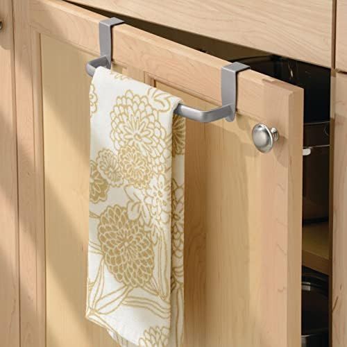  mDesign Modern Kitchen Over Cabinet Strong Steel Towel Bar Rack - Hang on Inside or Outside of Doors - Storage and Organization for Hand, Dish, Tea Towels - 9.75 Wide - Silver