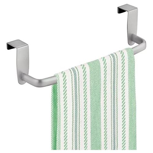  mDesign Modern Kitchen Over Cabinet Strong Steel Towel Bar Rack - Hang on Inside or Outside of Doors - Storage and Organization for Hand, Dish, Tea Towels - 9.75 Wide - Silver