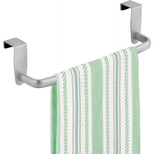  mDesign Modern Kitchen Over Cabinet Strong Steel Towel Bar Rack - Hang on Inside or Outside of Doors - Storage and Organization for Hand, Dish, Tea Towels - 9.75 Wide - Silver