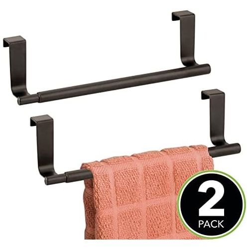  mDesign Adjustable, Expandable Kitchen Over Cabinet Towel Bar Rack - Hang on Inside or Outside of Doors, Storage for Hand, Dish, Tea Towels - 9.25 to 17 Wide, 2 Pack - Bronze