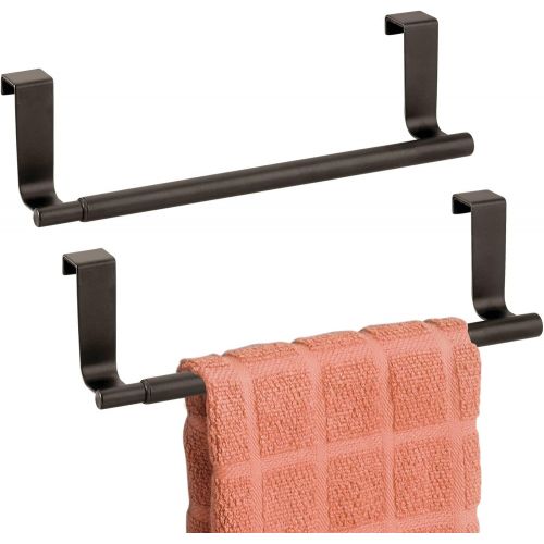  mDesign Adjustable, Expandable Kitchen Over Cabinet Towel Bar Rack - Hang on Inside or Outside of Doors, Storage for Hand, Dish, Tea Towels - 9.25 to 17 Wide, 2 Pack - Bronze