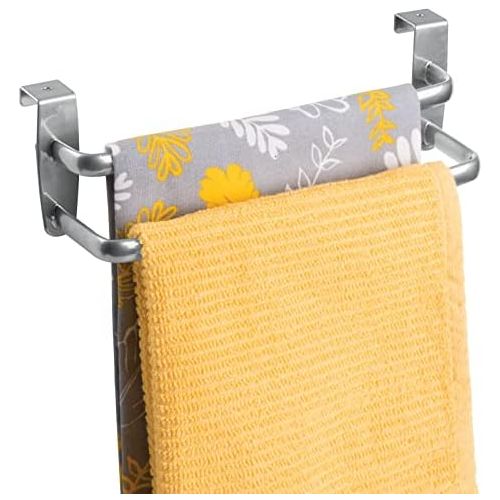  mDesign Modern Kitchen Over Cabinet Strong Steel Double Towel Bar Rack - Hang on Inside or Outside of Doors - Storage and Organization for Hand, Dish, Tea Towels - 9.75 Wide - Silv