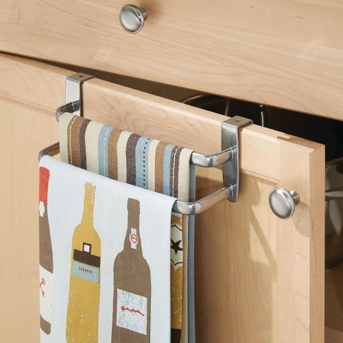  mDesign Modern Kitchen Over Cabinet Strong Steel Double Towel Bar Rack - Hang on Inside or Outside of Doors - Storage and Organization for Hand, Dish, Tea Towels - 9.75 Wide - Silv