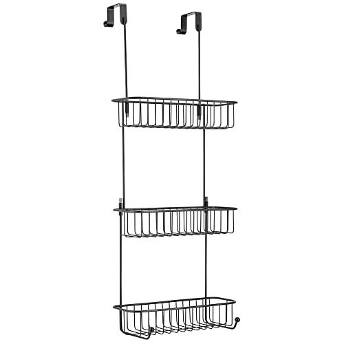  mDesign Extra Large Metal Over Shower Door Caddy, Hanging Bathroom Storage Organizer Center with Built-in Hooks and Baskets on 3 Levels for Shampoo, Body Wash, Loofahs - Black