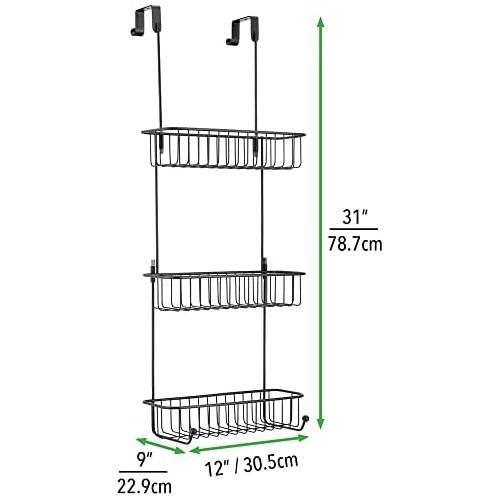  mDesign Extra Large Metal Over Shower Door Caddy, Hanging Bathroom Storage Organizer Center with Built-in Hooks and Baskets on 3 Levels for Shampoo, Body Wash, Loofahs - Black