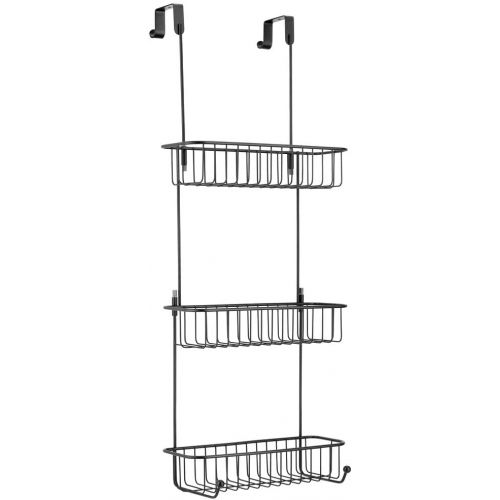  mDesign Extra Large Metal Over Shower Door Caddy, Hanging Bathroom Storage Organizer Center with Built-in Hooks and Baskets on 3 Levels for Shampoo, Body Wash, Loofahs - Black