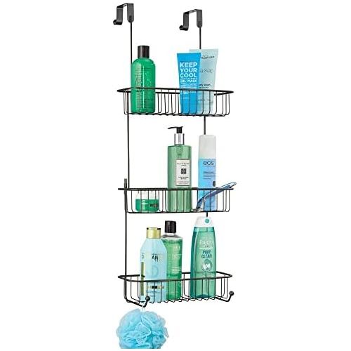  mDesign Extra Large Metal Over Shower Door Caddy, Hanging Bathroom Storage Organizer Center with Built-in Hooks and Baskets on 3 Levels for Shampoo, Body Wash, Loofahs - Black